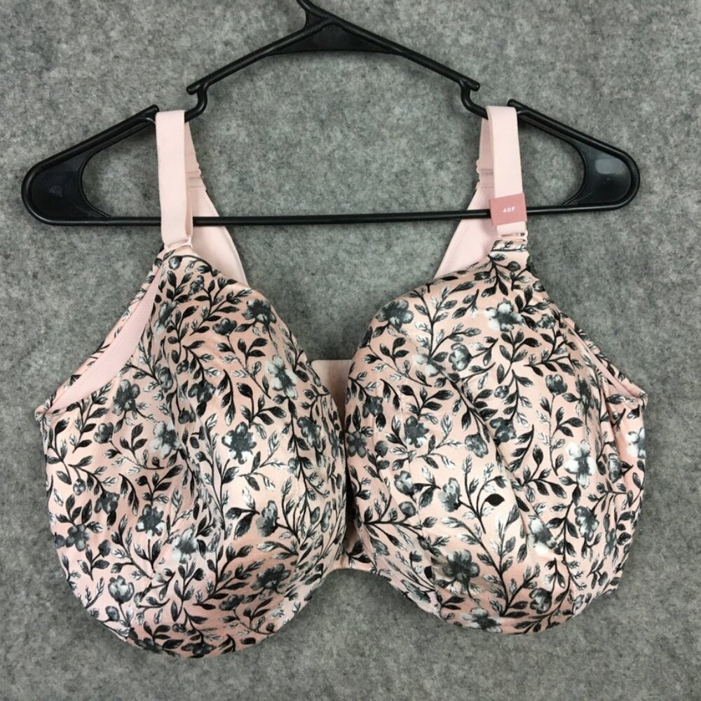 Cacique Bra 40F Lightly Lined Full Coverage Pink Floral Satin Nylon Underwire